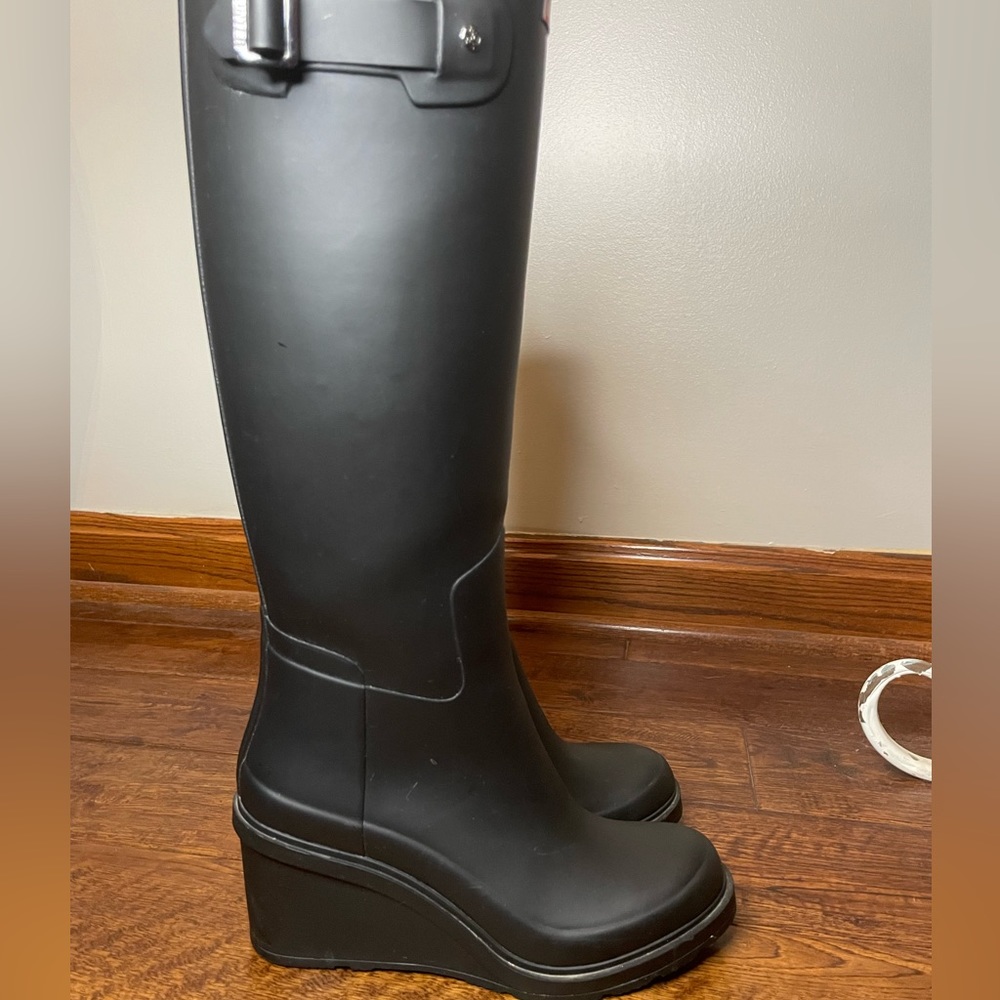 Tall HUNTER rain boots, black, wedge heel, size 8, no box.